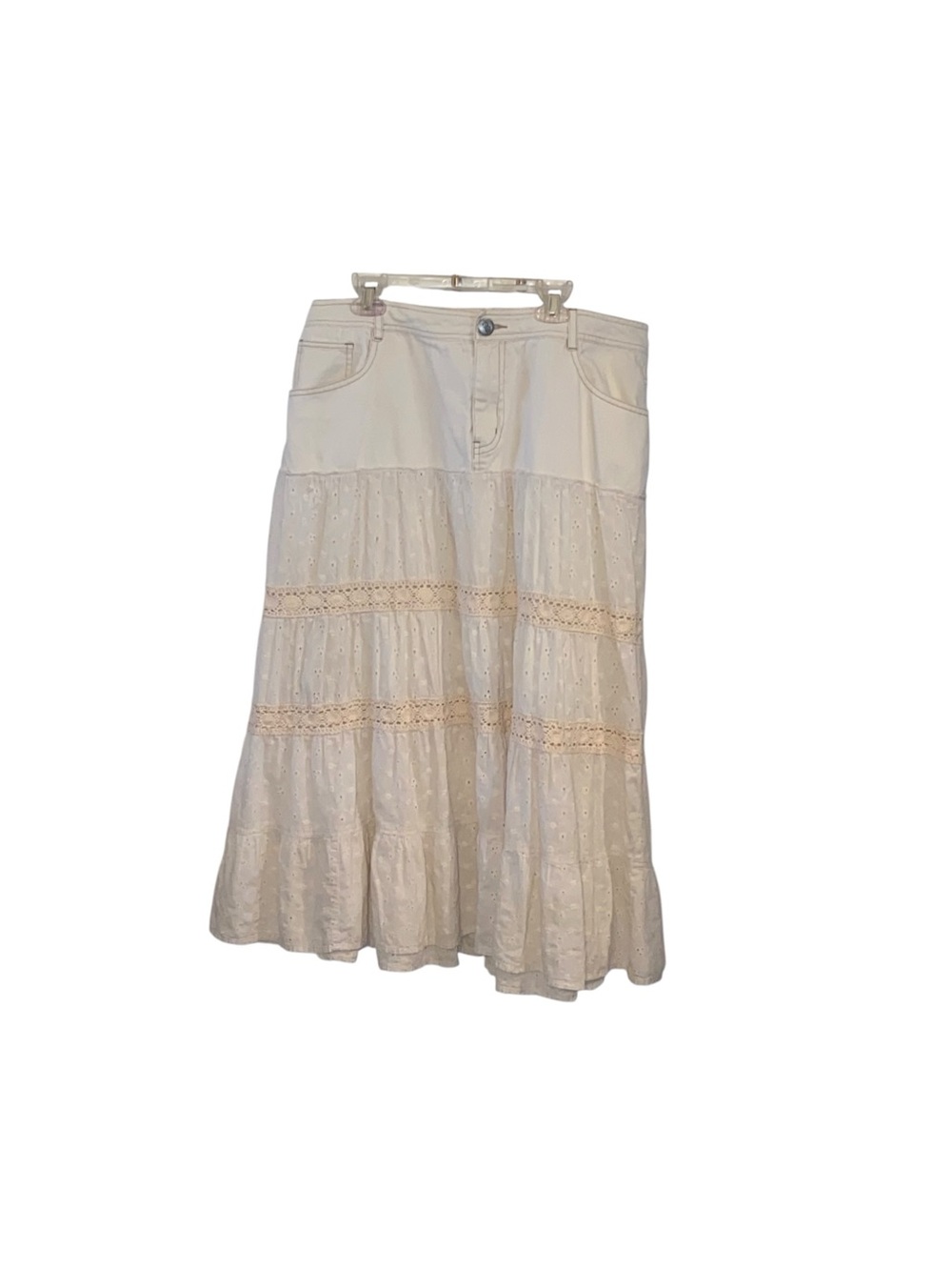 Vintage Bill Blass 90s Western Boho Denim Tiered Lace prairie Midi skirt